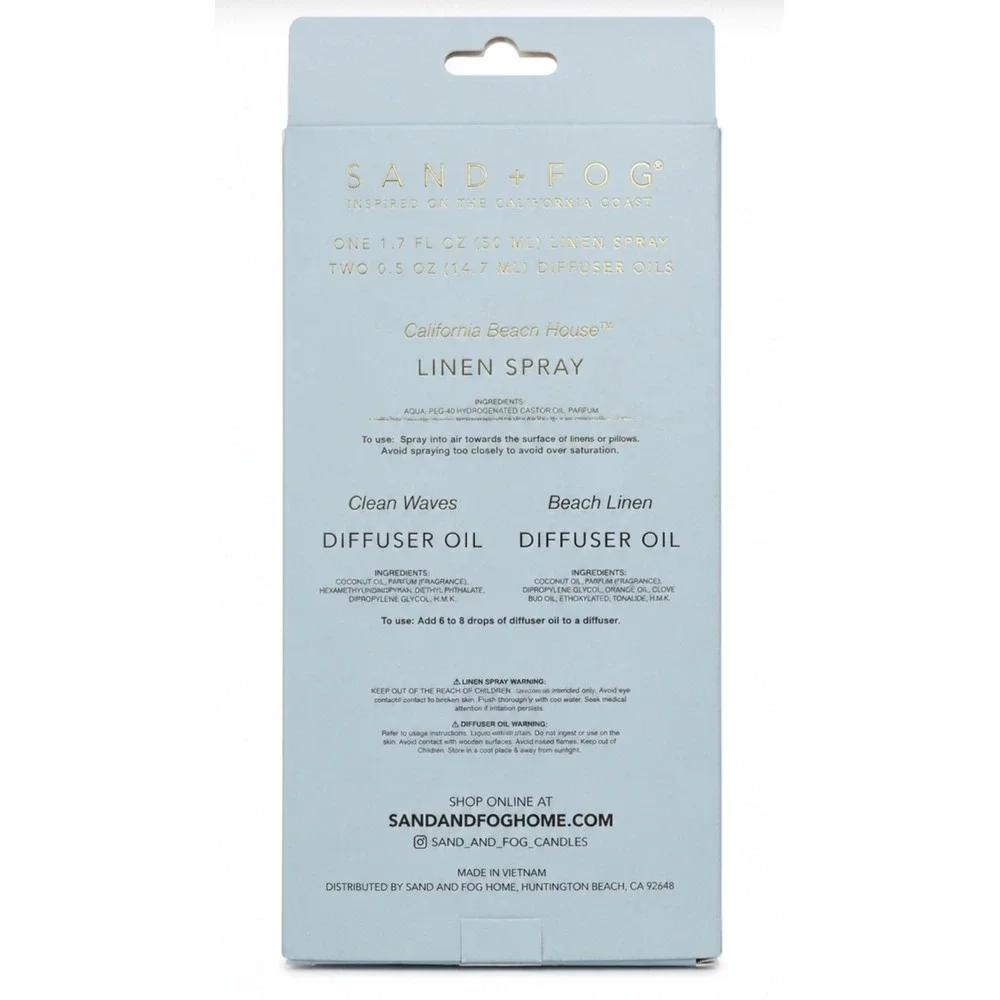 SAND + FOG California Beach House Linen Spray & Clean Waves Diffuser Oils NIB